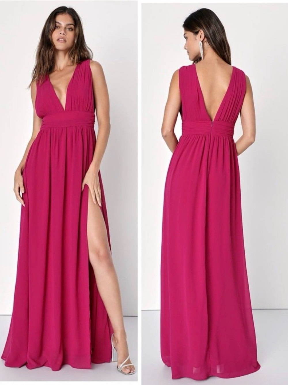 Lulu's Fuchsia Deep V-Neck Maxi Dress with Side Slit